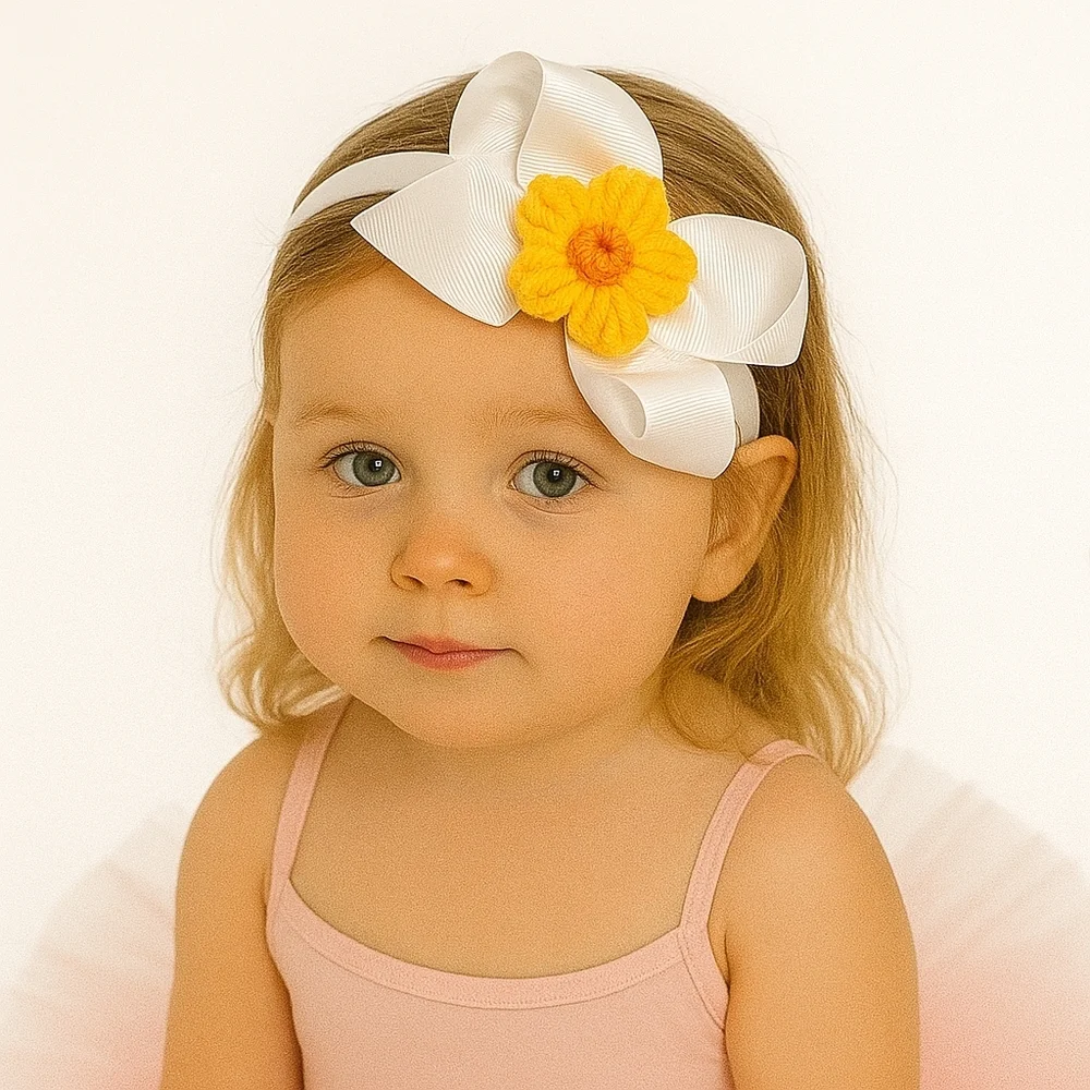 Hand Crafted White Bow Hairband Hand Knit Crochet Yellow Puffy Flower Coquette